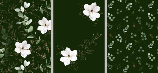 Set of watercolor hand painted floral bouquet with eucalyptus, olive, tropical green leaves and branches. Floral greenery composition for wedding invitations, save the date or greeting cards.