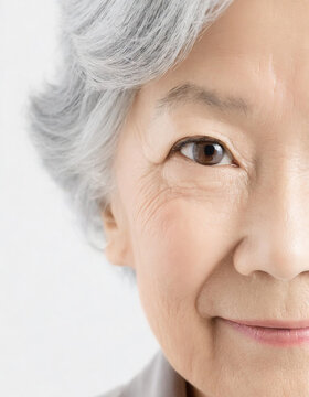 portrait, macro photography of eyes, look of elderly woman with gray hair looking at camera on blurred white background