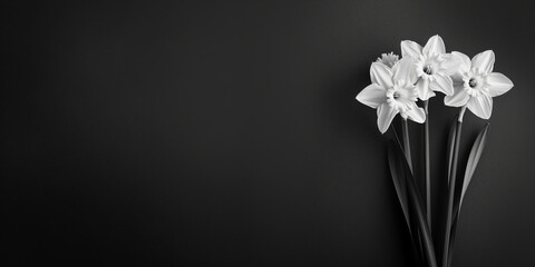 Condolence card black and white color photo, magnolias, black background. Copy Space. Generative AI