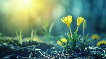 Yellow crocus flowers bloom on a green meadow under bright sunlight. The coming of spring. Women's...