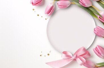 Obraz premium The composition of the background is pink tulips and wrapped gifts on white table