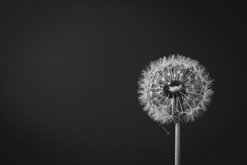 Condolence card black and white color photo, dandelion, black background. Copy Space. Generative AI