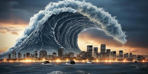 Gigantic wave curling over a coastal city at sunset, an apocalyptic vision of natural disasters impacting urban environments - obrazy, fototapety, plakaty