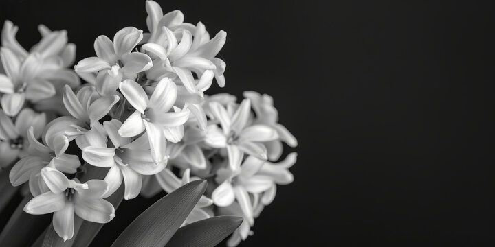 Condolence card: black and white photo of hyacinths on a black background with ample copy space. Ideal for expressing sympathy or sending thoughtful messages. Generative AI.
