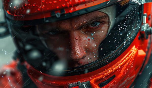 Portrait of racer in red helmet on black background.