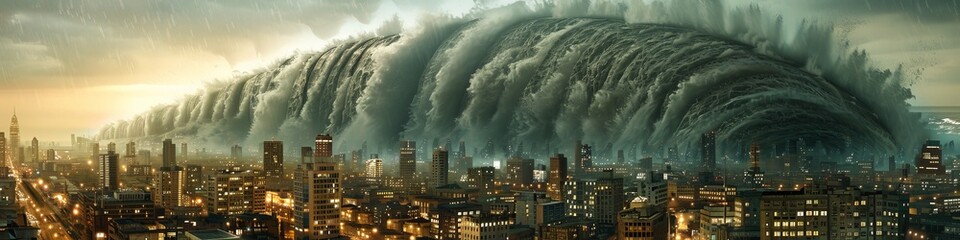 Enormous wave towering over city during golden hour, symbolizing dramatic confrontations between urban life and environmental forces - obrazy, fototapety, plakaty