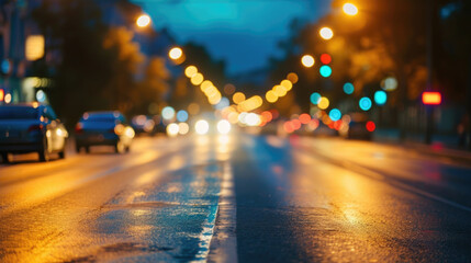 Blurry shot of city street at night with cars and traffic lights