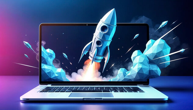 A laptop with a rocket launching out of the screen, representing gaming, website ,speed, sucessful.