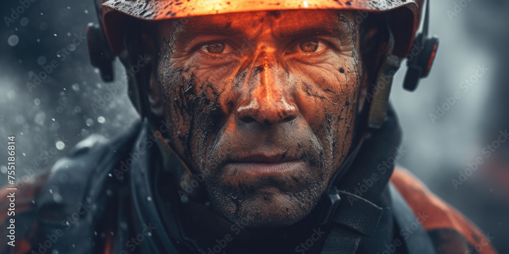 Wall mural Man in fireman's helmet with dirty face