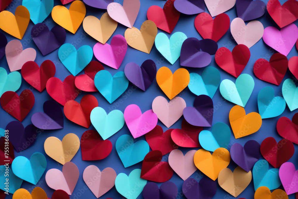 Wall mural colorful collection of paper hearts on blue background