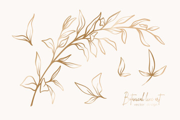 Botanical elegant gold line art illustration of flower leaves branch for wedding invitation and cards, logo design, web, social media and poster, template, advertisement, beauty and cosmetic industry.