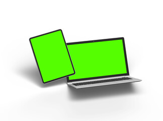 Obraz na płótnie Canvas 3d render of laptop and tablet with green screen on a transparent background