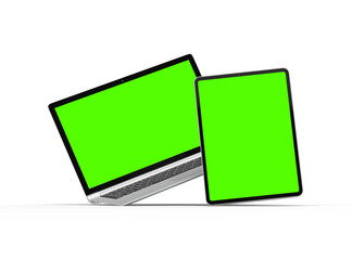 Obraz na płótnie Canvas 3d render of laptop and tablet with green screen on a transparent background