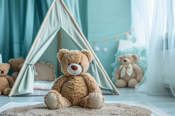 A stuffed toy teddy bear, a vertebrate mammal organism, sits in front of a teepee in a room. The wooden structure and cozy curtain create a comforting event - obrazy, fototapety, plakaty