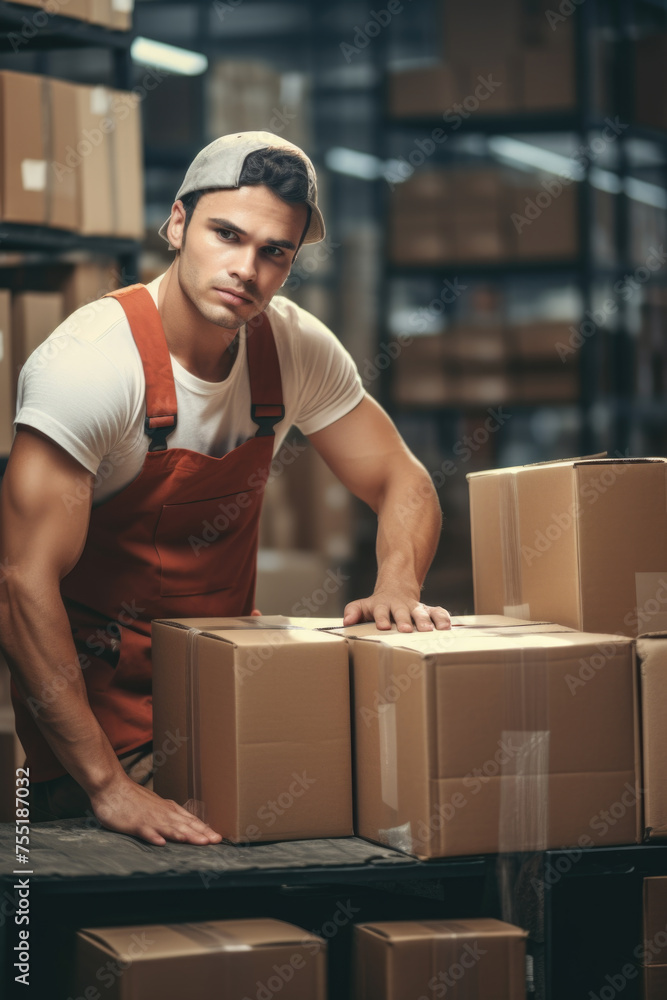 Aufkleber man in orange apron stands in front of stack of boxes