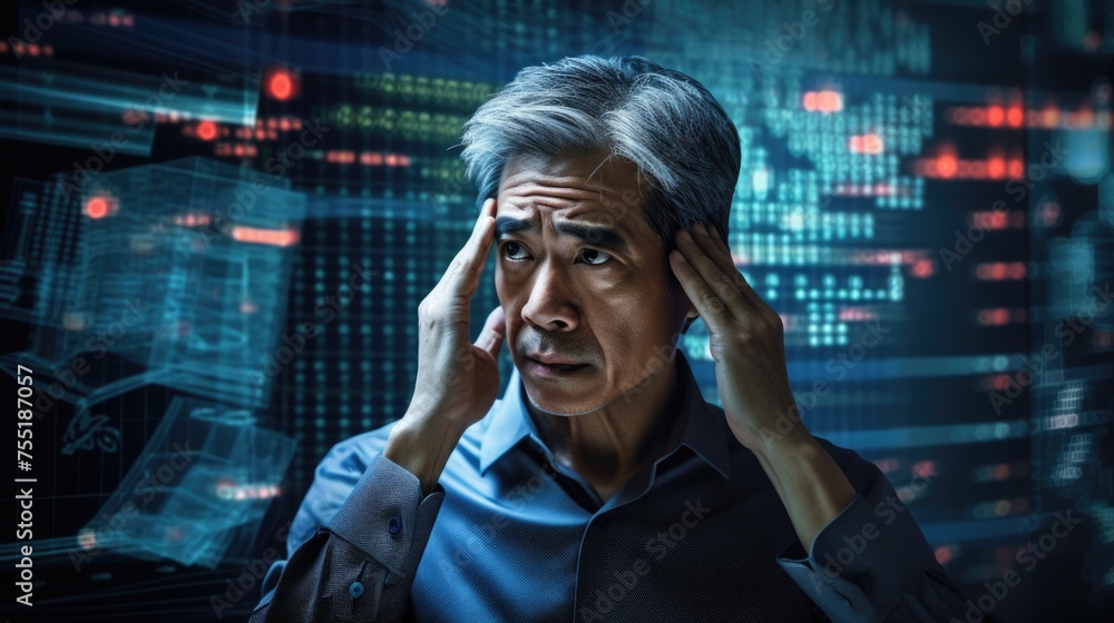 Poster tech analyst study cyber data chart from corporate system for statistical analytic defining marketin