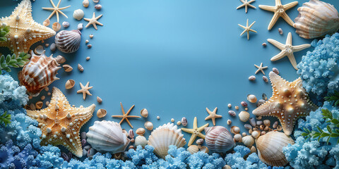 A marine-themed frame of starfish and shells surrounds a serene blue space, reminiscent of a tranquil ocean cove.