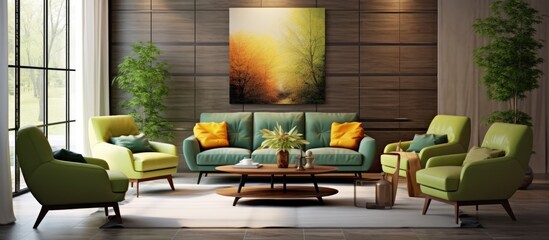 This living room is filled with furniture such as armchairs, a sofa, and a coffee table. A painting adorns the wall, adding a decorative touch to the rooms interior.