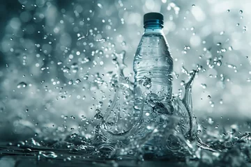 Fototapeten A plastic bottle of water is splashing on a glass table, creating a fluid motion in the transparent material. The natural landscape reflects the organism of the water © RichWolf