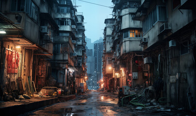 Wohngebiet in einer asiatischen Großstadt, heruntergekommene Gebäude, Gebäude mit Charakter in Hong Kong - obrazy, fototapety, plakaty