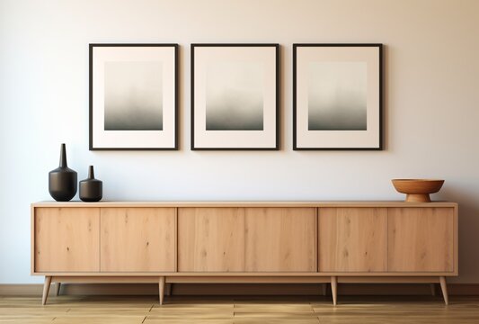 three framed pictures on a wooden sideboard