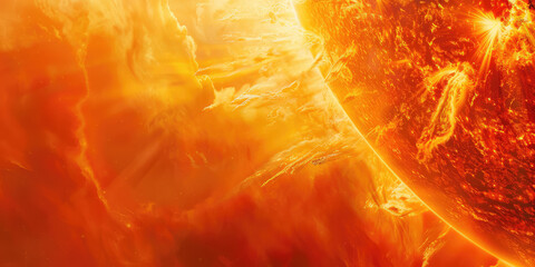 Stellar Solar Flare. Close-up representation of a solar fire flare on the sun surface, radiant with energy, copy space.