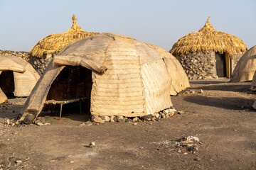 Djibouti, at the lac Abbe, typical traditional huts for camping. 