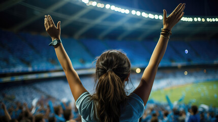A fan raises her hands high in excitement and support at a vibrant, packed sports stadium under the...