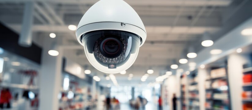 A security camera is positioned on the ceiling of a store, monitoring the area for security purposes. The camera is in focus against a blurred background of the store interior.