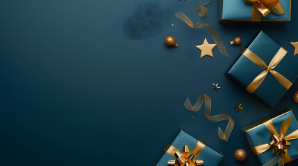 christmas presents for product presentation on a blue background with extra copy space - obrazy, fototapety, plakaty