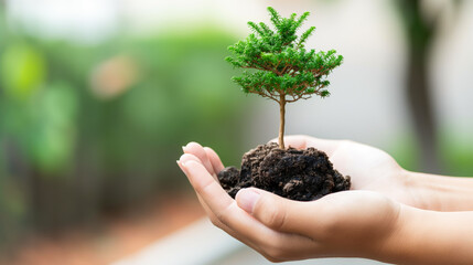 Dia da Terra: Mão segurando uma terra com muda de planta. Uso: conscientização ambiental, reflorestamento, proteção da natureza, sustentabilidade - obrazy, fototapety, plakaty