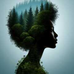 Artistic silhouette woman profile lush green forest double exposure serene ethereal beauty nature connection