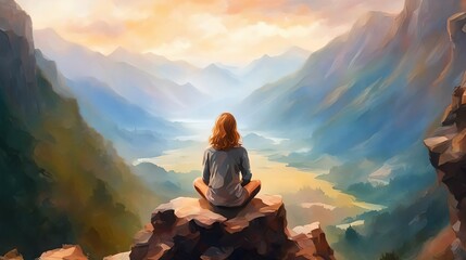 Man sitting on the edge of a cliff and meditation contemplation. Dawn over mountains, lone person, peaceful nature river forest morning journey art painting illustration
