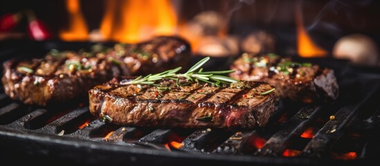 Two steaks sizzle on the grill with flames in the background, creating a delicious meal. Enjoy the art of grilling and roasting with this dish - obrazy, fototapety, plakaty