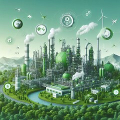 Green Industry Factory concept. Petrochemical Industrial Factory saving environment ozone low carbon footprint wide for banner. Eco Power Plant.