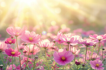 Field of pink flowers with sun shining on them