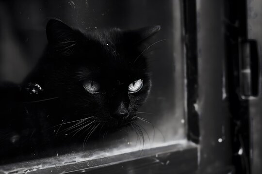 Katze schaut depremiert aus einem Fenster, schwarz-weiß, Konzept Ich hasse Montag