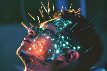 An AI-generated image depicting a patient receiving acupuncture treatment, with needles inserted at specific points on the body. - obrazy, fototapety, plakaty