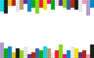 Fototapeta premium Plastic building toy blocks background. Construction plate. Close-up of a colorful bricks viewed from above with free place for your content or text. Abstract vector background illustration