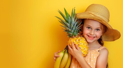 happy little girl in a straw hat holds a pineapple and a banana on a yellow background with space for text