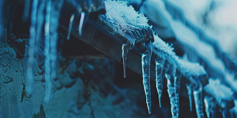 Winter Icicle Fringe. Close-up of icicles hanging from a snowy country house roof, cold weather danger.   - obrazy, fototapety, plakaty