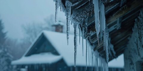 Winter Icicle Fringe. Close-up of icicles hanging from a snowy country house roof, cold weather danger.   - obrazy, fototapety, plakaty