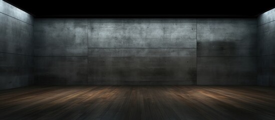 A dark, abstract room with a smooth wooden floor and concrete walls. The empty space creates a minimalist and industrial atmosphere, highlighting the contrast between the warm wood and cold concrete.