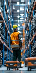 Warehouse worker in safety vest standing between shelves. First of may day of workers celebration. Logistic and cobot. Cooperative robot in supply chain, industry 4.0 robotics automation in a factory.