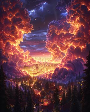 Fantasy apocalypse with vibrant red clouds over a forested city, an ominous and dramatic display of stormy skies, possibly representing a fiery end-of-the-world scenario