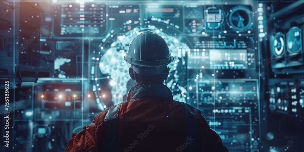 Poster worker in it software cybernetic cybersecurity maintenance and logistic with technology devices in 2