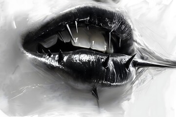 Weibliche Lippen mit schwarzem Lippenstift und Spikes, Konzept Horror, Punk, Metal - obrazy, fototapety, plakaty