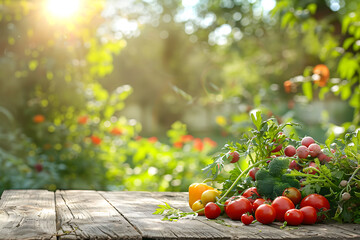 A garden table filled with plantbased foods like tomatoes and peppers