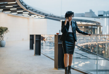 Confident businesswoman in a leather skirt and blazer on a call. City lights and modern architecture create an executive atmosphere.