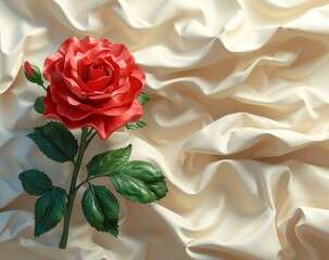 Red Rose on Beige Silk with Green Leaves and Petals, Elegant Floral Arrangement on Neutral Background